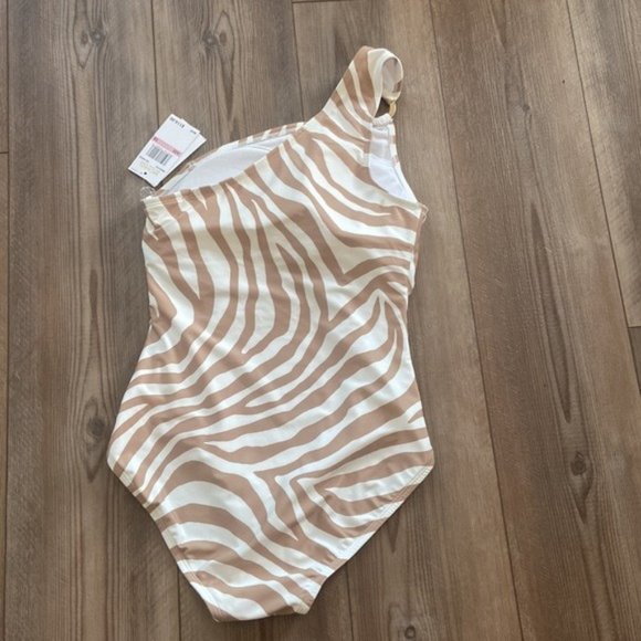 Michael Kors Brown Zebra Pint one Shoulder Ring Logo One piece Swimsuit Size 10 - Picture 6 of 10